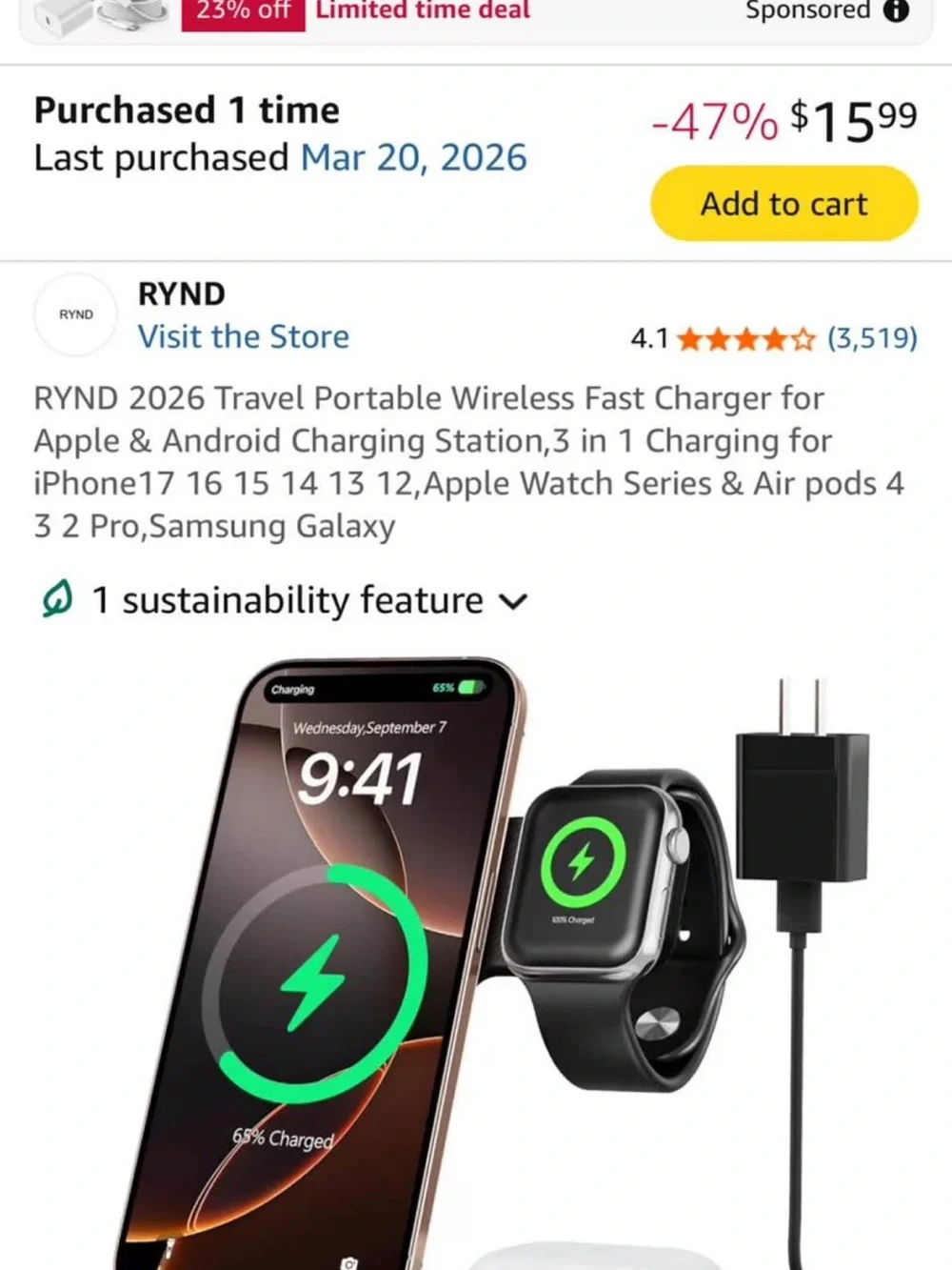 Black 3-in-1 Wireless Fast Charger Stand for Phone, Apple Watch & Earbuds